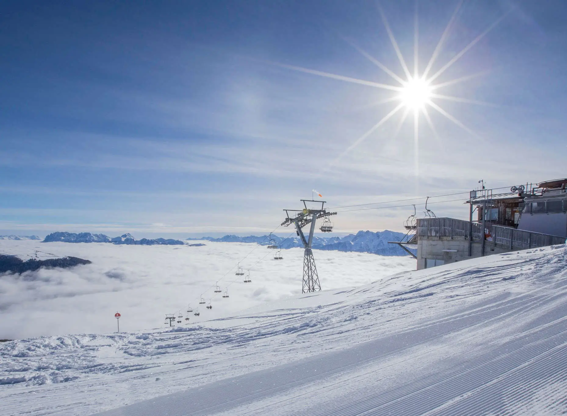 Ski mountaineering adventure with cable cars above the clouds in the Dolomites Sillian.