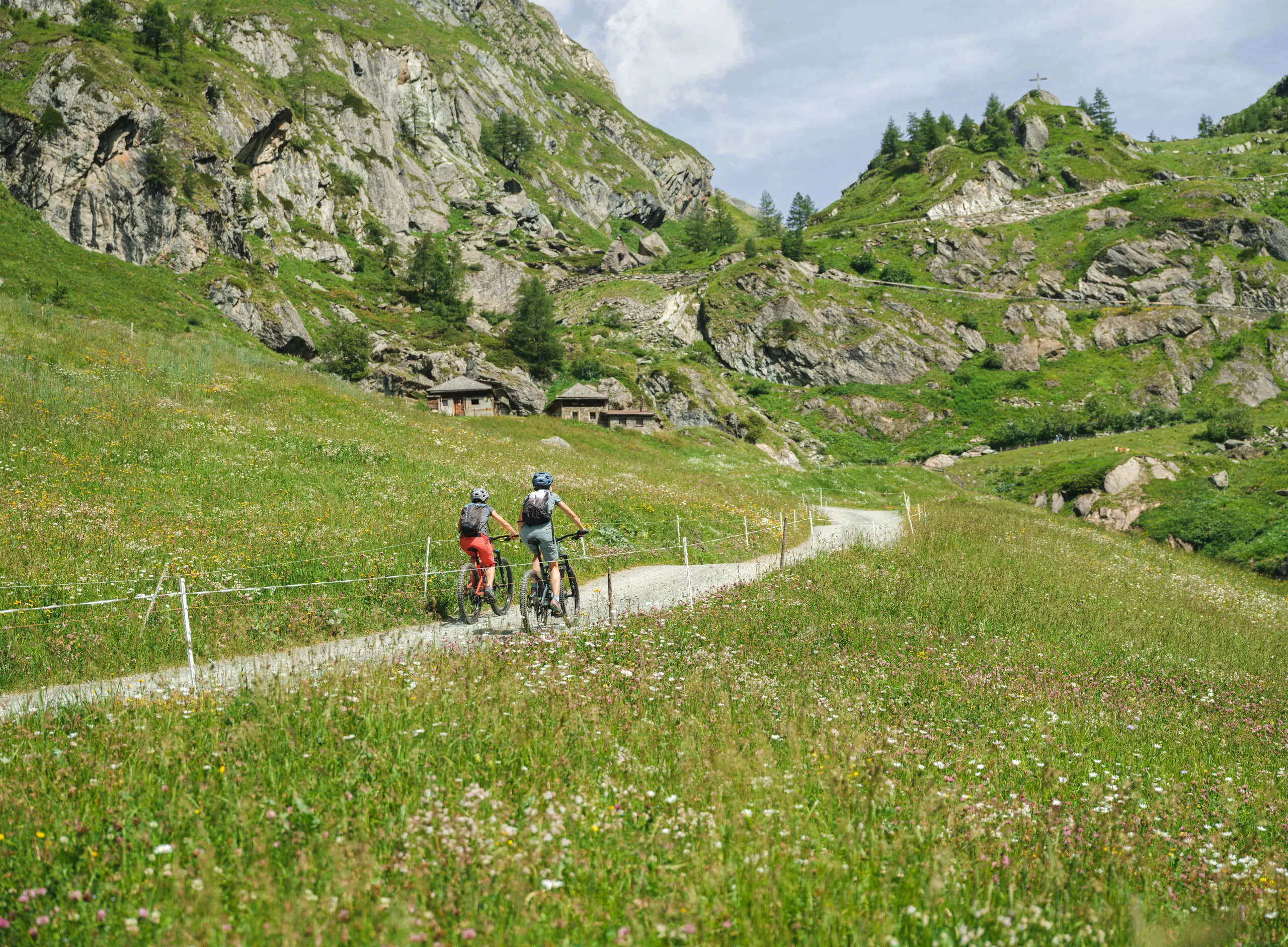 Cyclists riding mountain bikes along a scenic trail in the Dolomites surrounded by alpine meadows and rocky peaks.